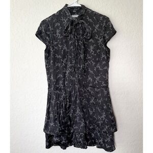 Equipment Femme 100% Silk Dress XS Black Ditsy Floral Tie Neck Twee Whimsigoth